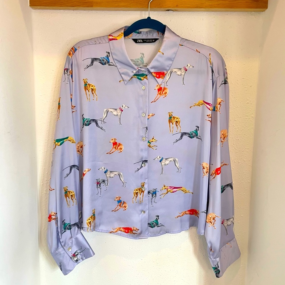 NWOT XL Zara Cropped Printed Blouse, Lilac Greyhounds